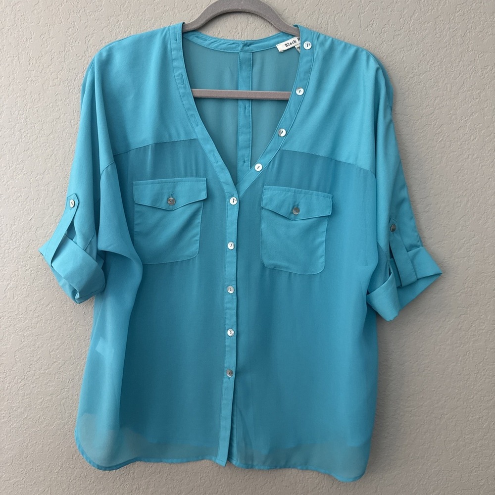 Black‎ Rainn Sheer Teal Blue Blouse V Neck Roll Tab Sleeve Buttons Size Small